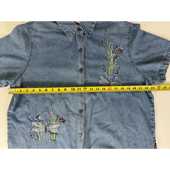 VTG BLAIR Denim Embroidered Floral Dragonfly Short Sleeve Button Up Shirt XL - Picture 5 of 8